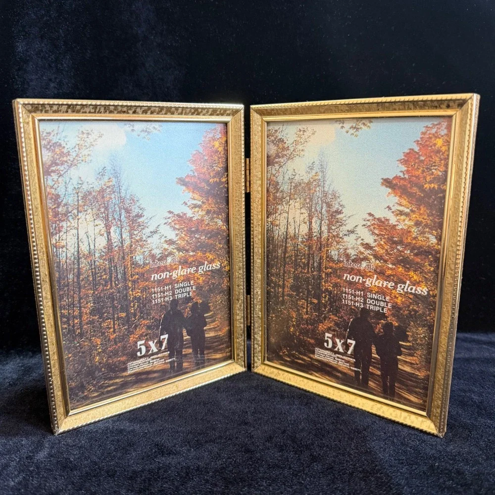 Vintage Gold Double Photo Frame 5x7 Bifold Tabletop Non-Glare Glass Retro
